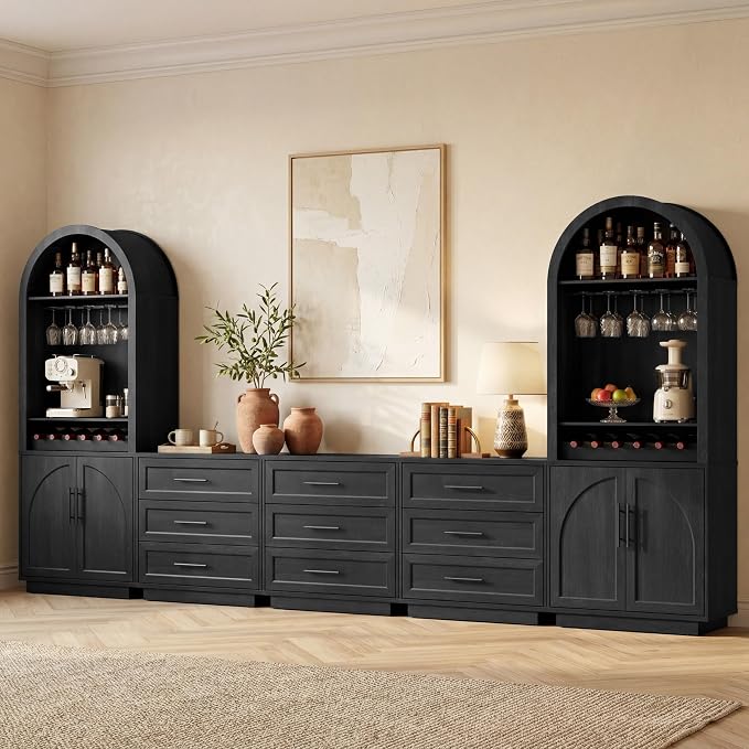 Fatmok Caldera Collection 5-Piece Furniture Set, 2 Tall Arched Wine Display Cabinets with LED & USB Ports and 3 Wide Nightstands with 3 Drawers for Living Room, Dining Room and Bedroom, Black Grey