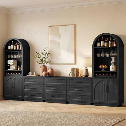 Fatmok Caldera Collection 5-Piece Furniture Set, 2 Tall Arched Wine Display Cabinets with LED & USB Ports and 3 Wide Nightstands with 3 Drawers for Living Room, Dining Room and Bedroom, Black Grey
