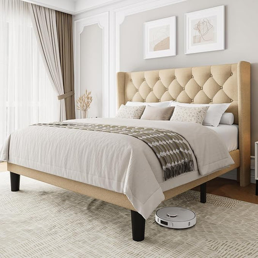 Einhomn Queen Size Platform Bed Frame with Fabric Upholstered Wingback Headboard, 11" Under Bed Space, Wooden & Metal Slats Support, No Box Spring Needed, Beige