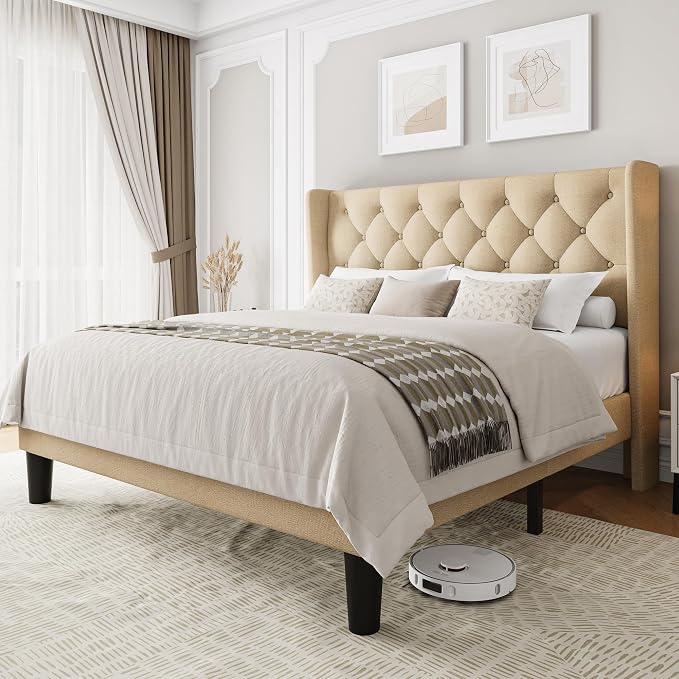 Einhomn Full Size Platform Bed Frame with Fabric Upholstered Wingback Headboard, 10" Under Bed Space, Wooden & Metal Slats Support, No Box Spring Needed, Beige