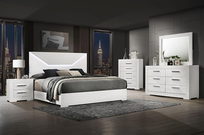 Coaster Home Furnishings Ives Contemporary 5-Piece Bedroom Set Queen Size LED Panel Bed Frame 57-inch Headboard White High Gloss 224941Q-S5