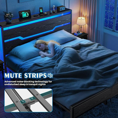 Homkdom King Size Bed Frame with USB Ports & LED Lights, Headboard Shelf, Heavy Duty Metal Platform with 10.24" Underbed Storage, Noise-Free Slats, No Box Spring Needed, Modern Black