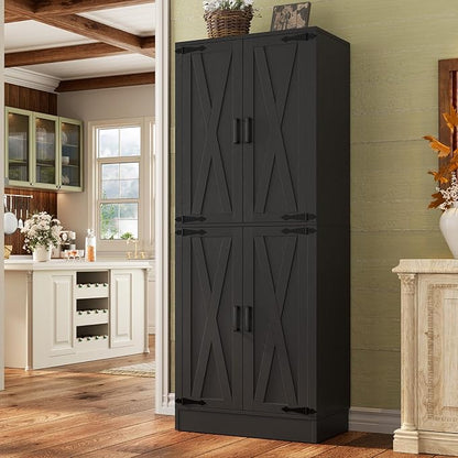 Unikito Black 71" Tall Kitchen Pantry Cabinet, Hidden Drawer and Farmhouse Barn Doors, 4 Adjustable Shelves, Freestanding Cupboard for Kitchen, Dining Room, Living Room, Utility Room