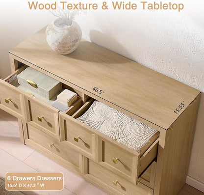 6 Drawers Dresser for Bedroom-46.5" Wide Wooden Chest of Drawers with Large Storage, Long Dresser TV Stand with Drawers, Farmhouse Closet Dressers for Living Room Bedroom, Natural