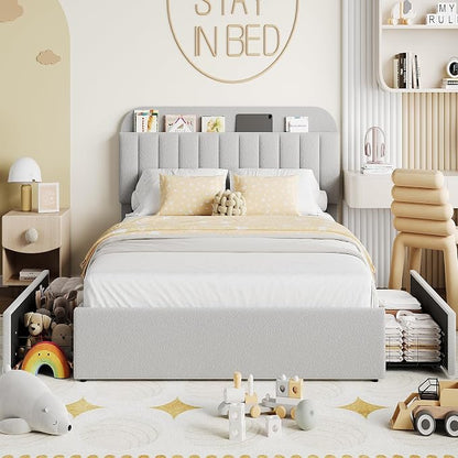 IDEALHOUSE Queen Bed Frame with 2 Flexible Drawers and Bookcase Headboard, Boucle Upholstered Platform Bed for Boys/Girls, Noise-Free, Easy Assembly, No Box Spring Needed, Gray