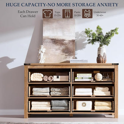 T4TREAM 54" Wide Farmhouse 6-Drawer Dresser for Bedroom, Light Knotty Oak | Rustic, Wood Storage Cabinet, Metal Handle, Unique Corner Accent, Bedroom, Living Room, Hallway