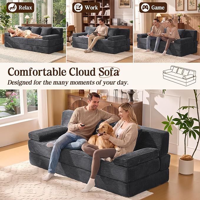 78.7IN Folding Sofa Bed - Convertible Sleeper Sofa Couch with Zippered Pillows, 3 Seater Couches Bed for Living Room, Bedroom, Apartment, No Assembly Required, Freestanding, Corduroy, Gray