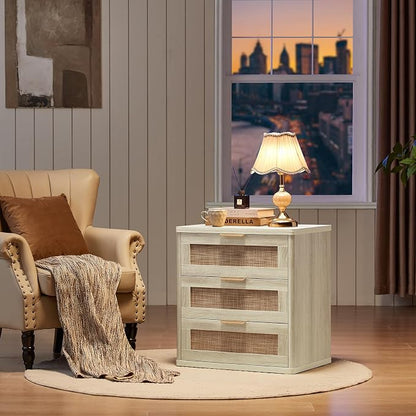 LEYAOYAO Rattan Night Stand with Drawers, 23" Large 3 Drawer Boho Nightstand, Grey White Bedside Table Storage Cabinet, Bed Side End Tables Dresser for Bedroom, Living Room, Hallway, Closet