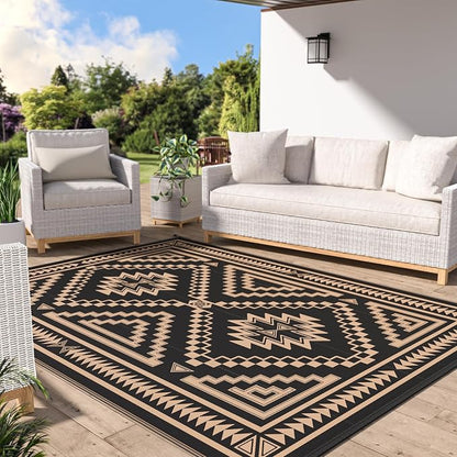 GENIMO Outdoor Rug for Patio Clearance - 6x9 ft Waterproof Plastic Camping Rugs, Reversible Outside Rv Mat Carpet for Porch, Deck, Picnic, Balcony, Beach, Backyard, Black Brown
