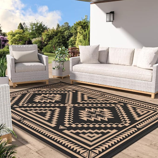 GENIMO Outdoor Rug for Patio Clearance - 9x12 ft Waterproof Plastic Camping Rugs, Reversible Outside Rv Mat Carpet for Porch, Deck, Picnic, Balcony, Beach, Backyard, Black Brown