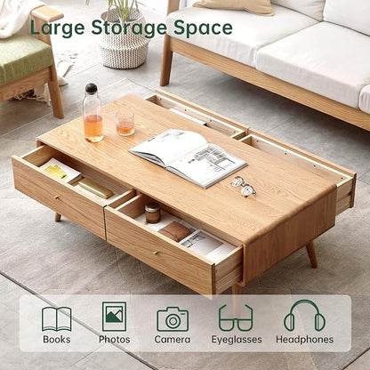47.24" Solid Wood Coffee Table with Large Storage for Living Room, Oak Coffee Table with 4 Drawers, Mid-Century Modern Coffee Tables for Home (Original Wood Color)