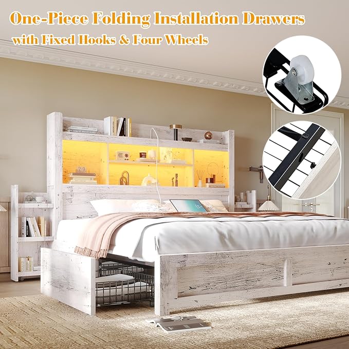 LUXOAK King Bed Frame with 49.6" Bookcase Headboard & 2 Bedside Stoage Racks & 4 Drawers, Farmhouse Wood Bed Frame with RGB LED & Charging Station, No Box Spring Needed, Distressed White
