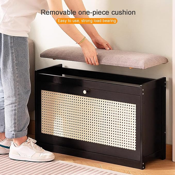 Entryway Storage Bench with Cushioned Seat Shoe Rack, 2-Tier Wooden Shoe Organizer Cabinet for Closet, Entryway, Hallway, Bedroom (Black-50 x 24 x 44 cm