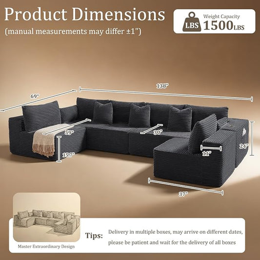 138" Cloud Sectional Couch, Comfort U Shaped Sofa for Living Room, Extra Deep Seats No Assembly, Minimalist Modular Couch, Corduroy (Dark Grey, 6 Seats,U-Shape B)