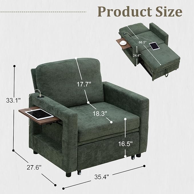 3 in 1 Folding Convertible Sleeper Sofa Bed Pull Out Couch with Side Pockets USB Port Side Table Single Sofa Bed with Adjustable Backrest for Living Room Bedroom 66" DarkGreen 1 SEAT