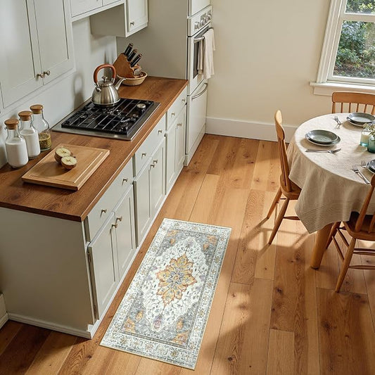RELEANY Area Rugs Small 2'x4' Washable Non-Slip, Floral Vintage Distress Medallion Carpet for Kitchen Entryway Bathroom, Beige Carbon Grey Orange