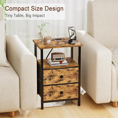 LOAKEKEL Night Stand, Nightstand with Charging Station, Slim Industrial Bedside Table with 2 Fabric Drawers, Small End Table with USB & Type-C Ports for Bedroom, Brown, HETS020BR-1