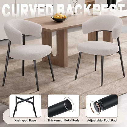 Dining Chairs Set of 6, Mid Century Modern Kitchen Chairs, Boucle Upholstered Dining Chair with Curved Backrest & Metal Legs for Kitchen Dining Room, White