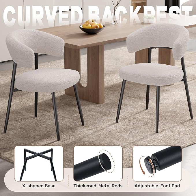 Dining Chairs Set of 4, Boucle Upholstered Dining Room Chair with Curved Backrest & Metal Legs, Mid Century Modern Round Kitchen Chairs, White