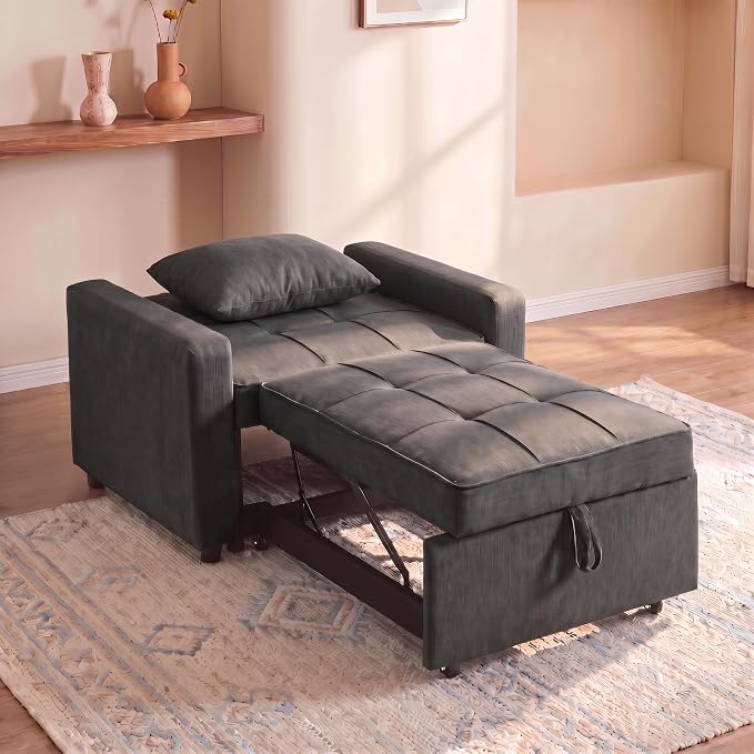 3-in-1 Convertible Sleeper Chair, Pull Out Single Sofa Bed with 3 Adjustable Backrest Angle & Pillow, Foldable Compact Reclining Sofa Bed for Small LivingRoom, Apartment, Home Office, Gray