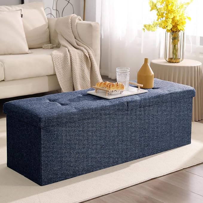 45.3 Inches Ottoman Bench With 166L Storage Space - Foldable Seat Footrest Shoe Bench for End of Bed - Flipping Lid, Linen Fabric, Navy
