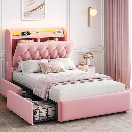 Twin LED Velvet Bed Frame with 2 Storage Drawers&Hidden Headboard, Upholstered Platform Bed with Charging Station&Button Tufted Design, Wooden Slats Support, Box Spring Optional, Easy Assembly, Pink