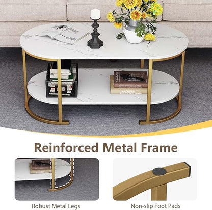 Giantex 2-Tier Coffee Table, Oval Center Table with Faux Marble Top & Open Storage Shelf, Modern Accent Table with Heavy Duty Metal Frame, Oval Coffee Tables for Living Room, White and Gold