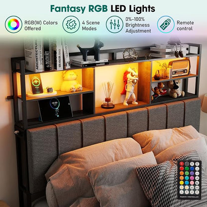 54.8" Tall Headboard Full Size Bed with 3-Tier Storage Shelves, Linen Upholstered Head Board with USB & Type C Port & LED Light, Soft Backrest for Full Size Bed