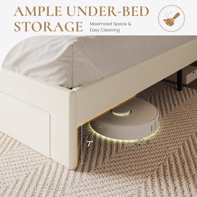 SHA CERLIN Full Velvet Platform Bed Frame with 2 Storage Drawers, LED Storage Headboard with Charging Station, Upholstered Wingback Headboard, Noise-Free, No Box Spring Needed, Easy Assembly, White