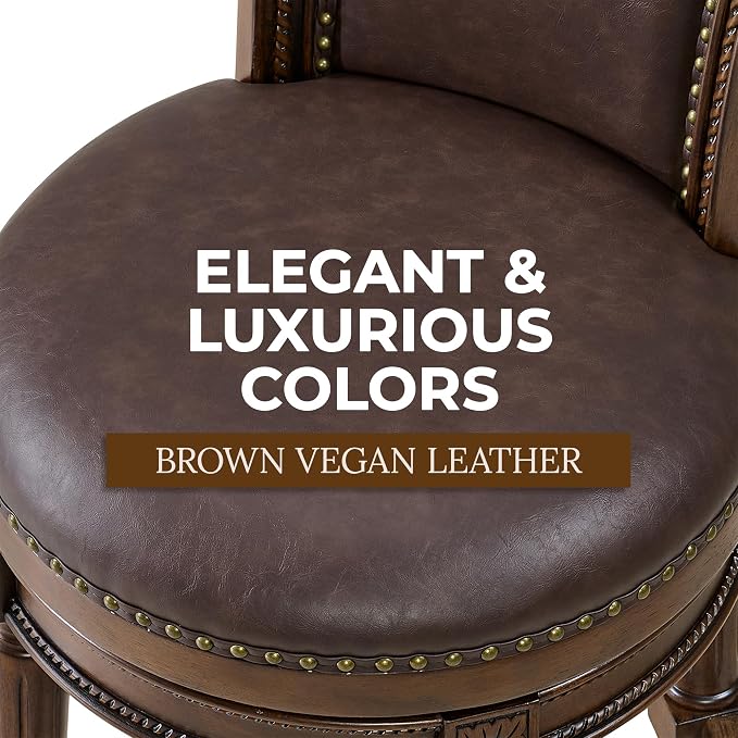 ROME + OAK Set of 4 Runyan 31" Swivel Bar Stool, High Back Barstool in Dark Walnut Finish with Vintage Brown Vegan Leather Seat