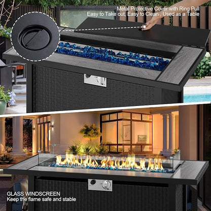 45 inch Outdoor Propane Fire Pit 50,000 BTU Gas Fire Pit Table with Lid, Glass Wind Guard, Waterproof Cover, Rectangle Gas Firepit Table for Garden/Patio, CSA Certification