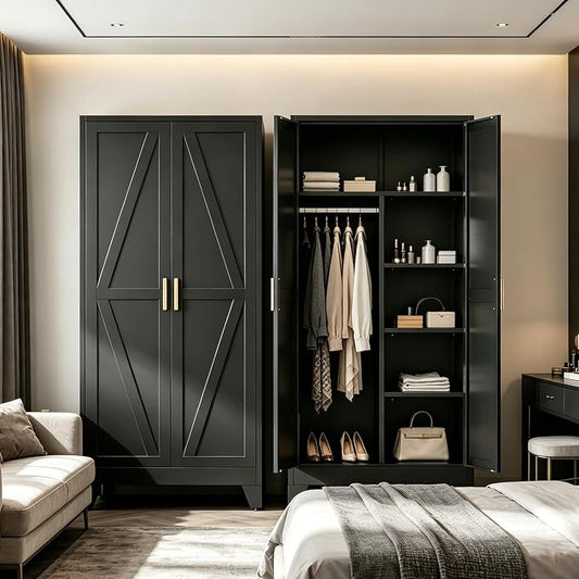 71" H Black Closet,Armoire Wardrobe Closets,Metal Wardrobe Closet with Doors and Shelves
