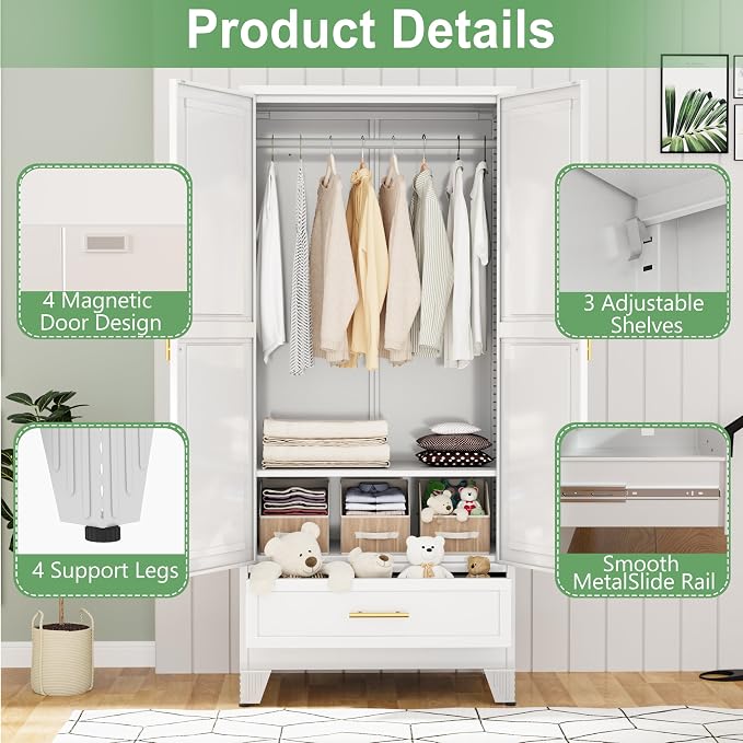 Ckzbx 71" H Metal Armoire Wardrobe Closet with Drawer, Adjustable Shelf, Clothes Drying Pole, Clothes Storage Closet for Bedroom (White)