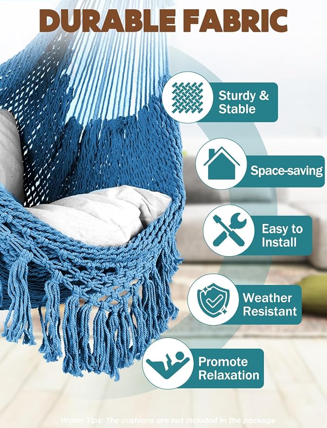 Chihee Hammock Chair Handmade Hanging Chair Cotton Rope Woven Hanging Seat Soft-Spun Large Stretch Hammock Swing, Collapsible Strong Metal Spreader Bar Elegant Macrame Comfort Indoor Outdoor Garden