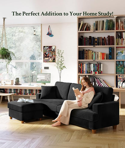 Welzona 87.2" Couches for Living Room, Comfy L Shaped Couch Black 7.5" Thicker Cushion, Sofas for Living Room Tool-Free Setup, Loveseat with Ottoman 848lbs Support, Corduroy Couch for Bedroom, Office