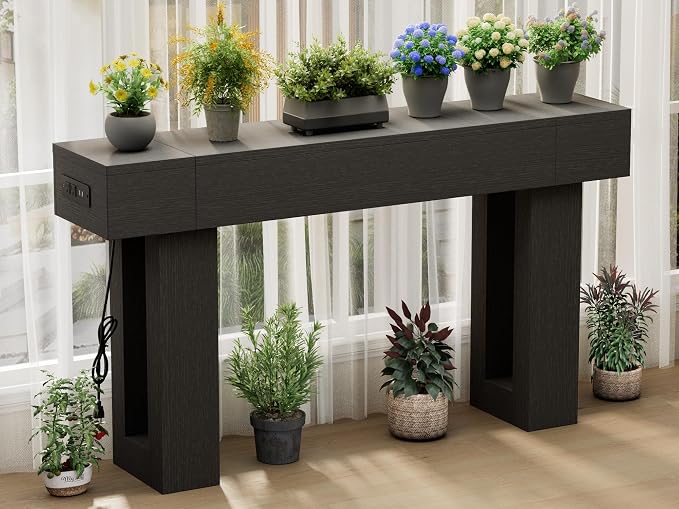 63 Inch Long Console Table w/Outlets & USB Ports, Narrow Rectangular Sofa Table Behind The Couch, Farmhouse Entryway Table for Entrance, Hallway, Living Room(Black with Outlet)