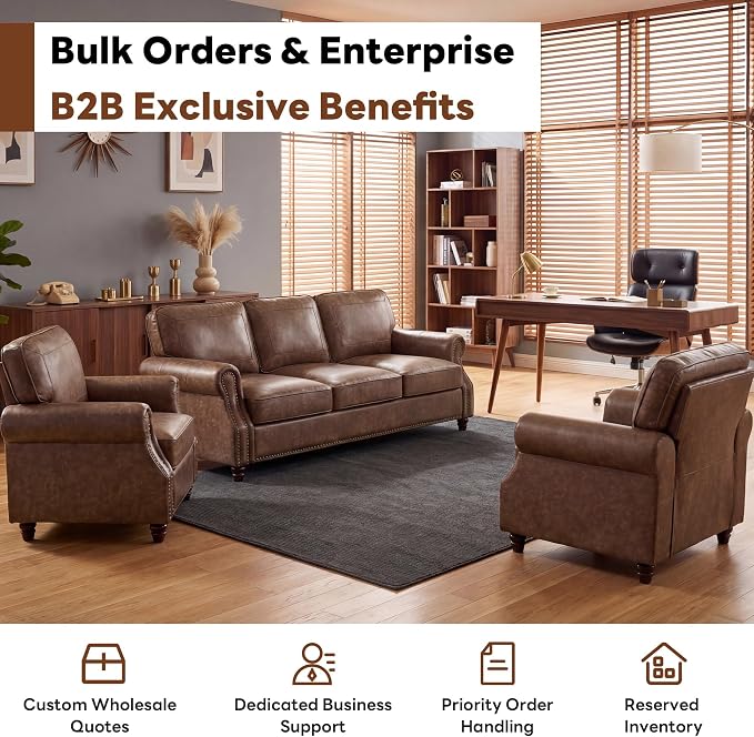 Kingfun Mid-Century Modern Couch, Faux Leather Sofa Set, 3 Seater Couch for Living Room with Rolled arms & Nailhead Trim, Dark Brown