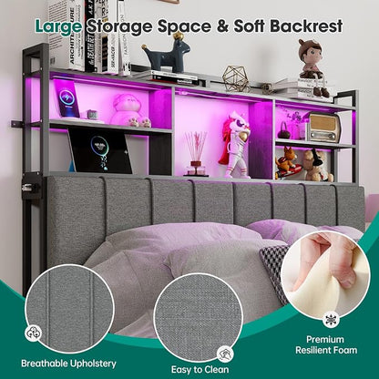 54.8" Tall Headboard Queen Size with 3-Tier Storage Shelves, Linen Upholstered Head Board with USB & Type C Port & LED Light, Soft Backrest for Queen Size Bed,
