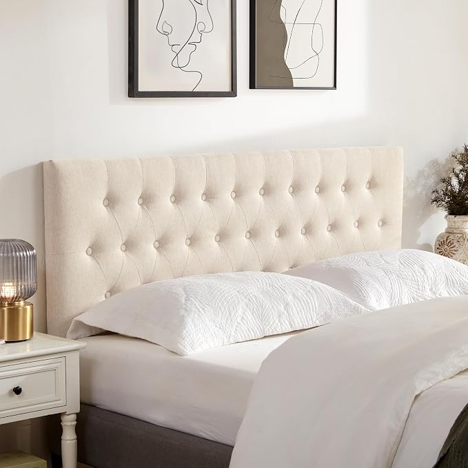 Tufted Upholstered Headboard Queen Size, Adjustable Height 37- 51 in, Beige | Sturdy and Durable Solid Wood Bed Headboard, Fabric Queen Headboard Only, Modern Button Diamond Design Head Board