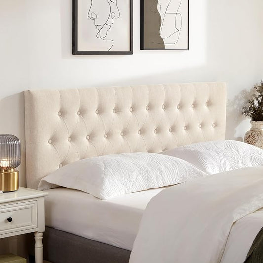 Tufted Upholstered Headboard Twin Size, Adjustable Height 37- 51 in, Beige | Sturdy and Durable Solid Wood Twin XL Headboard, Fabric Twin Headboard Only, Modern Button Diamond Design Head Board
