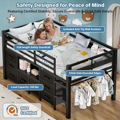 Einhomn Twin Low Loft Bed with 8 Drawers, Bookshelf, Heavy Duty Metal Kids Loft Bed with 13 Inch Safety Guardrail, Play Curtain, Under-Bed Play Area - Black