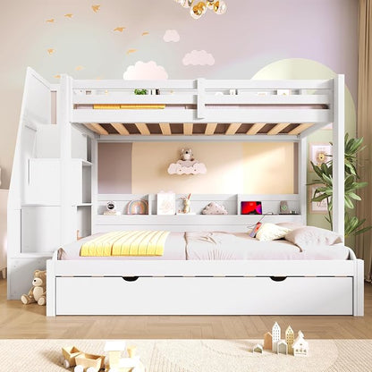 RUNNA Twin Over Full Bunk Bed with Trundle,Storage Stairs,USB,White | Twin over full bunk bed with trundle, storage stairs, shelves, USB, solid pine wood, guardrails, no box spring needed