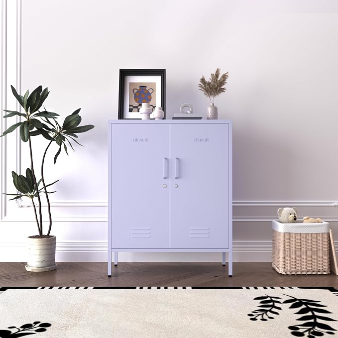 Purple 3 Tier Metal Storage Cabinet with Legs, Lockable 2 Door Metal Locker, Heavy Duty Multipurpose Accent Storage Cabinet with 2 Adjustable Shelves for Home, Office, Entryway and Hallway