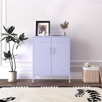 Purple 3 Tier Metal Storage Cabinet with Legs, Lockable 2 Door Metal Locker, Heavy Duty Multipurpose Accent Storage Cabinet with 2 Adjustable Shelves for Home, Office, Entryway and Hallway
