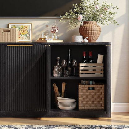 Evermagin 67" Fluted Black Buffet Cabinet Sideboard with Storage, Large Credenza with 6 Doors, Wood Mid Century Modern Sideboard for Kitchen and Living Room (67"*31.5"*15.7")