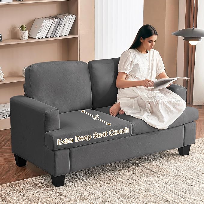 Furnimart 62" Loveseat Couch, Modern Love Seat Sofa, Comfy Deep Seat Sofa for Living Room, Small Couches for Small Spaces, 2 Seater Couch for Bedroom, Linen Dark Grey