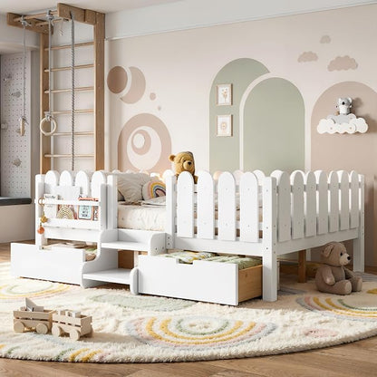 Bellemave Full Kids Montessori Bed with Stairs, Bookshelf and LED Lights, Solid Wood Kids Bed Frame with Storage Drawers for Boys Girls, Low Profile,White