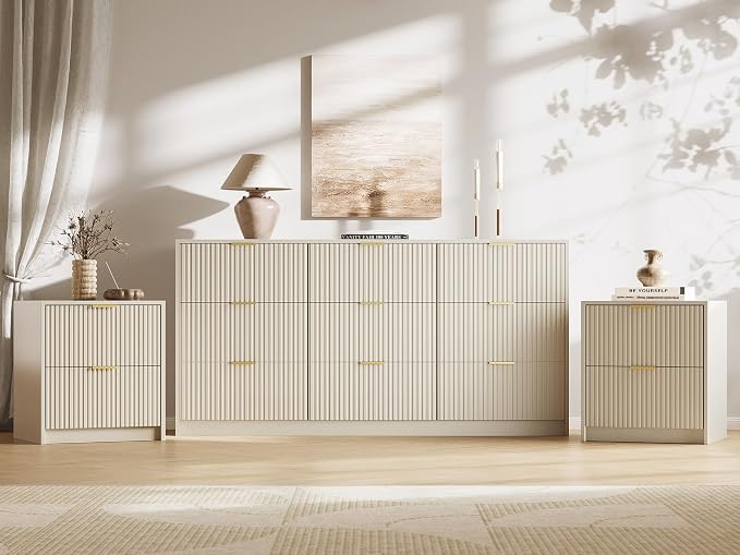 MAISONARIA 3-Piece Dresser Bedroom Set, 9 Drawer Dresser & 2 Drawer Nightstands with Gold Handles, Fluted Wood Chest of Drawers for Bedroom, Living Room, Entryway, Beige