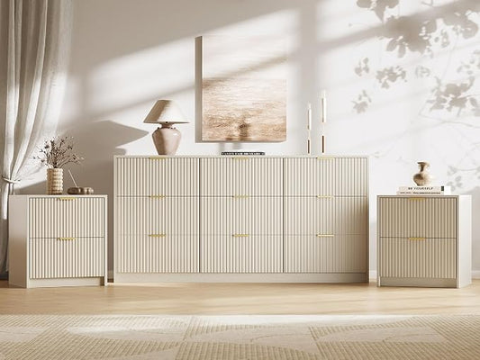 MAISONARIA 3-Piece Dresser Bedroom Set, 9 Drawer Dresser & 2 Drawer Nightstands with Gold Handles, Fluted Wood Chest of Drawers for Bedroom, Living Room, Entryway, Beige