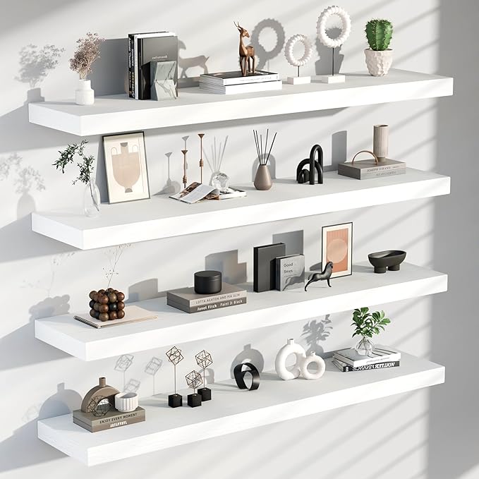 Floating Shelves for Wall, 60 Inch Extra Long White Wall Shelves, Set of 4, Hanging Invisible Brackets Floating Shelves for Living Room,Bedroom,and Kitchen